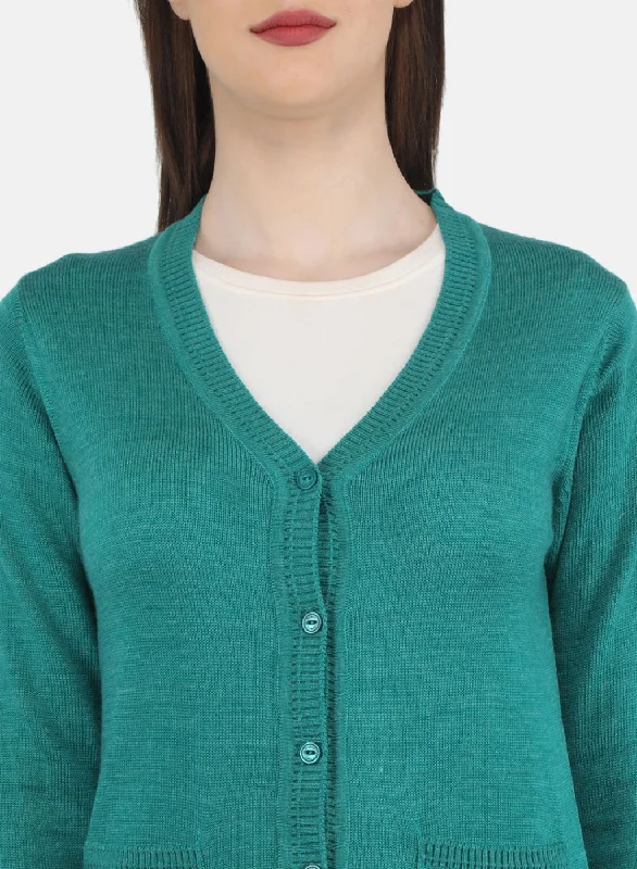 Women Sea Green Solid Cardigan