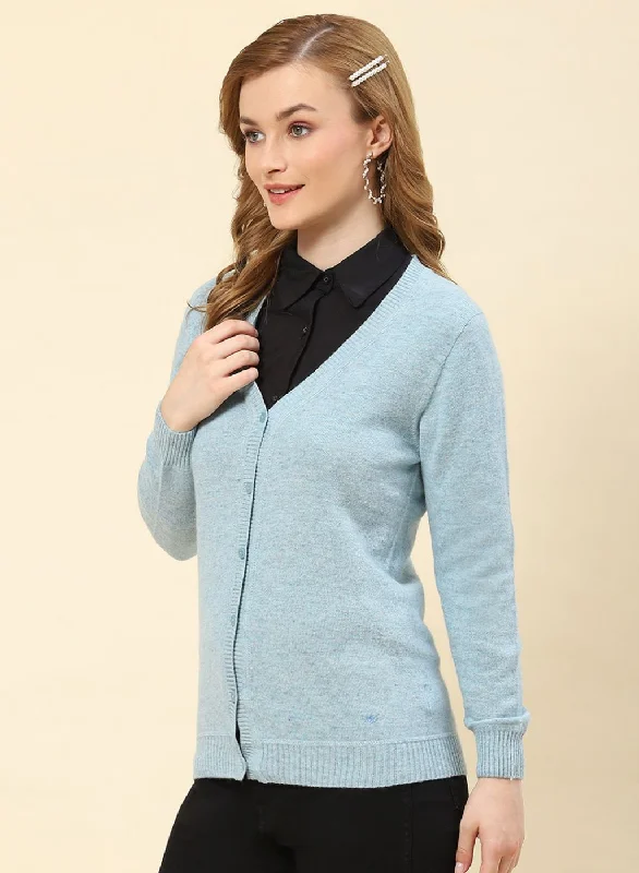 Women Sky Blue Solid Lamb wool Cardigan