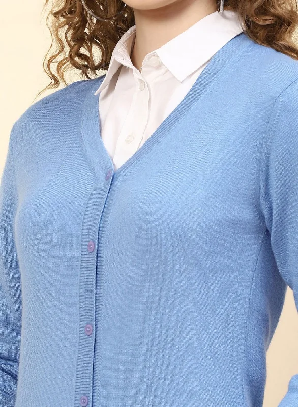 Women Sky Blue Solid Modal Nylone Cardigan