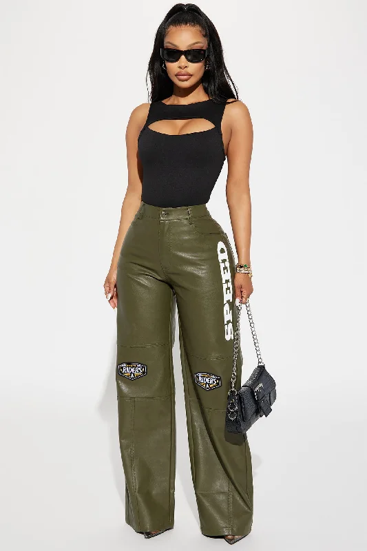 Motorcycle Riders Faux Leather Pant - Olive