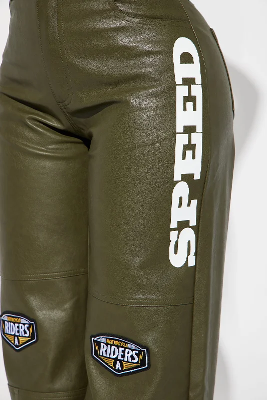 Motorcycle Riders Faux Leather Pant - Olive