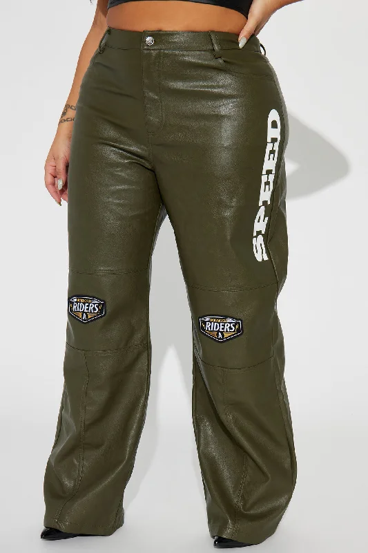 Motorcycle Riders Faux Leather Pant - Olive