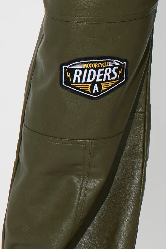 Motorcycle Riders Faux Leather Pant - Olive