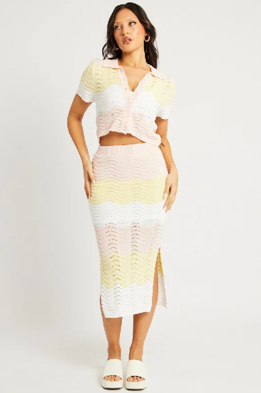 Multi Stripe Knit Skirt Midi Crochet