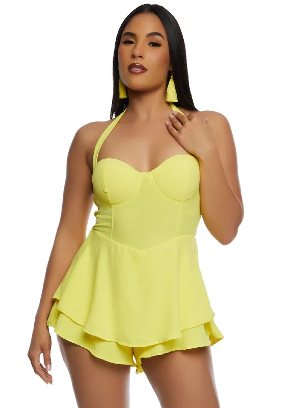 Padded Halter Neck Ruffle Romper