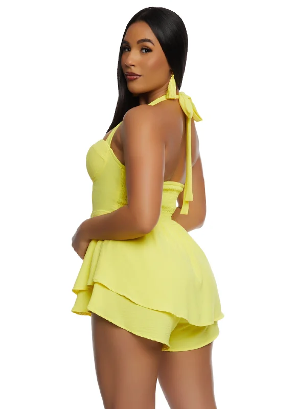 Padded Halter Neck Ruffle Romper