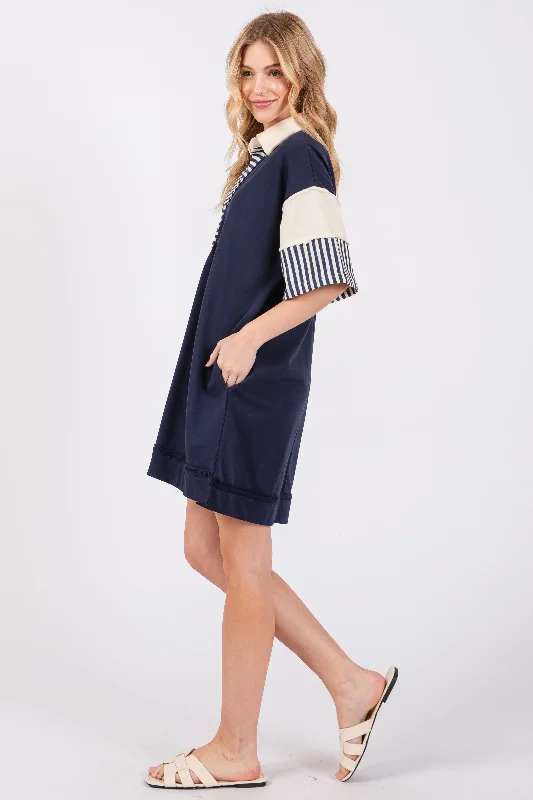 Navy Blue Striped Color Block Collared Terry Dress