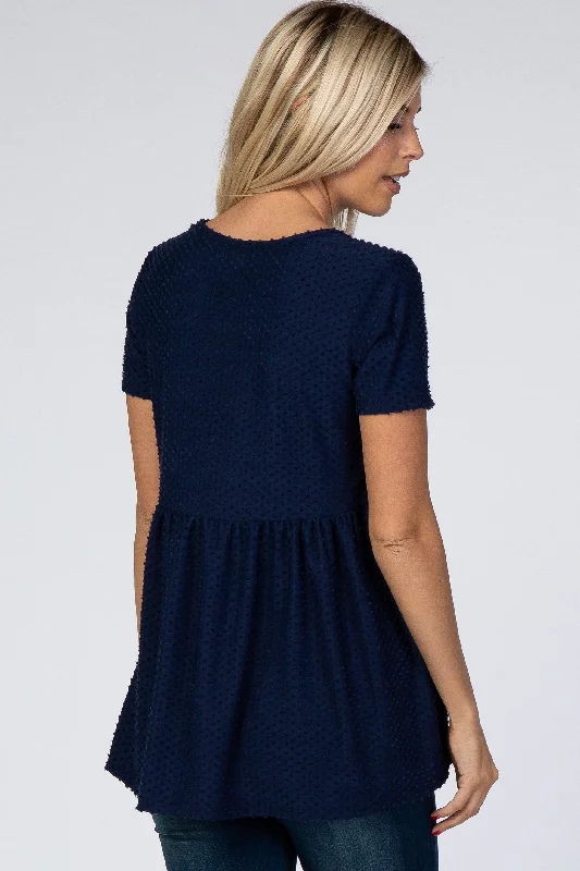 Navy Blue Swiss Dot Peplum Top