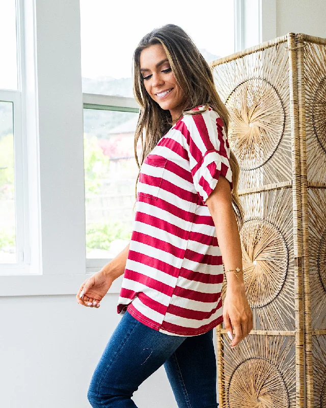 NEW! Jenna Stripe Boyfriend V Neck Top - Terracotta