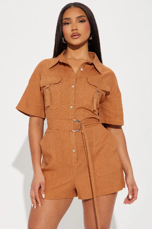 Not Letting Go Linen Romper - Cognac