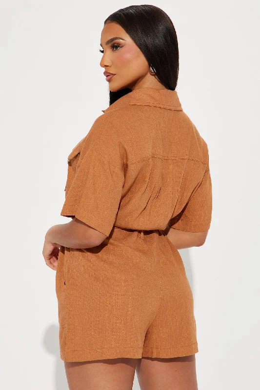 Not Letting Go Linen Romper - Cognac