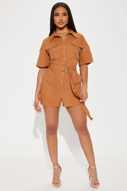 Not Letting Go Linen Romper - Cognac