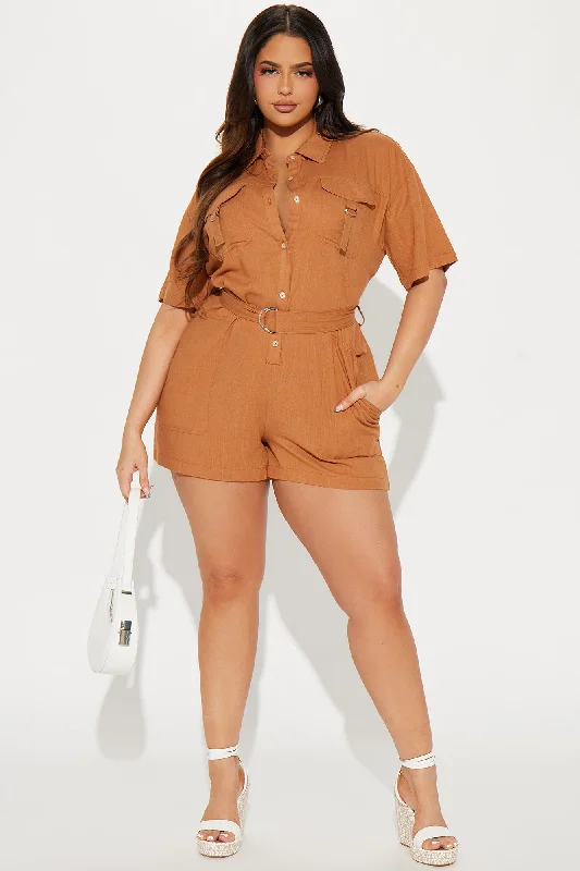 Not Letting Go Linen Romper - Cognac