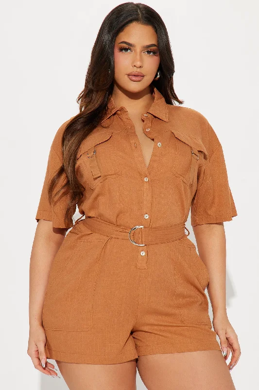 Not Letting Go Linen Romper - Cognac