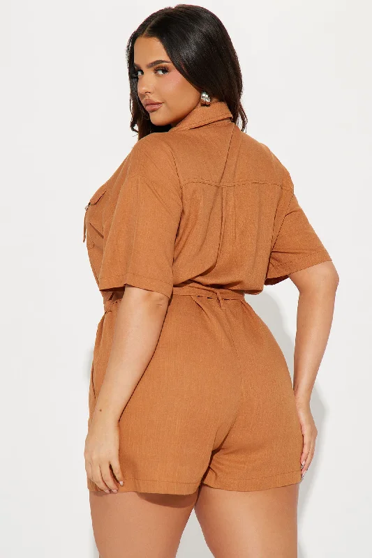 Not Letting Go Linen Romper - Cognac