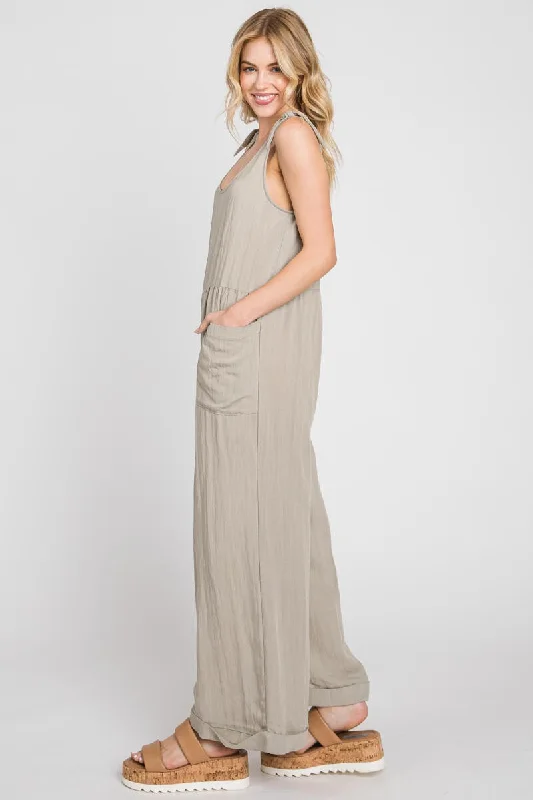 Pale Olive Wide Leg Roll-Up Jumpsuit