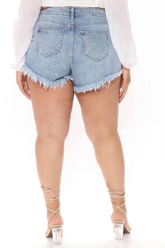 Party All Night Frayed Denim Shorts - Medium Blue Wash