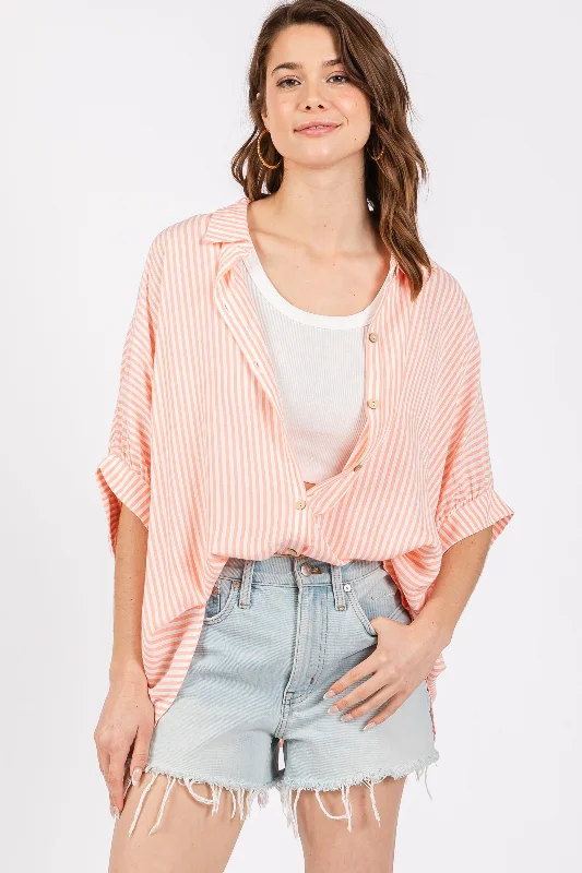 Peach Striped Button Up Dolman Top