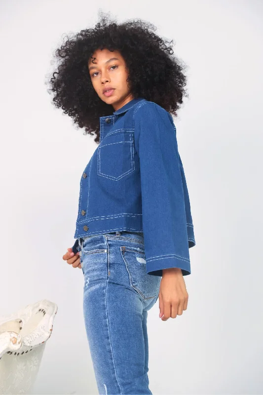 Petite Cropped Denim Jacket (Blue)