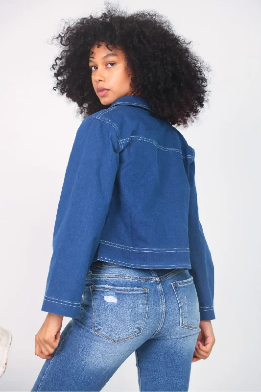 Petite Cropped Denim Jacket (Blue)