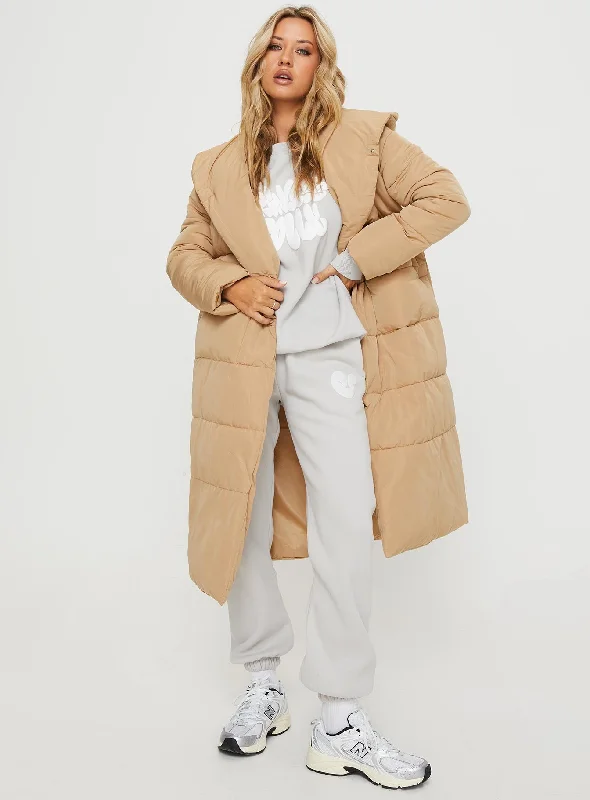 Philo Longline Hooded Puffer Jacket Beige