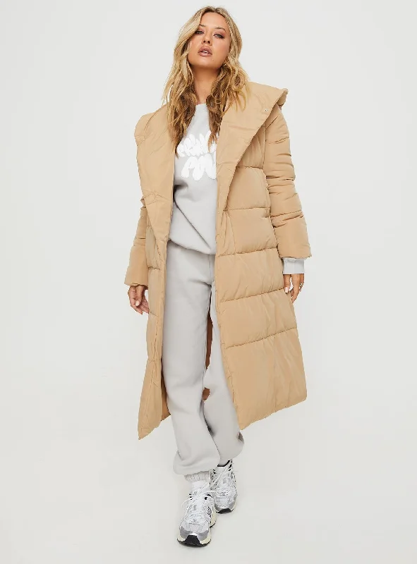 Philo Longline Hooded Puffer Jacket Beige