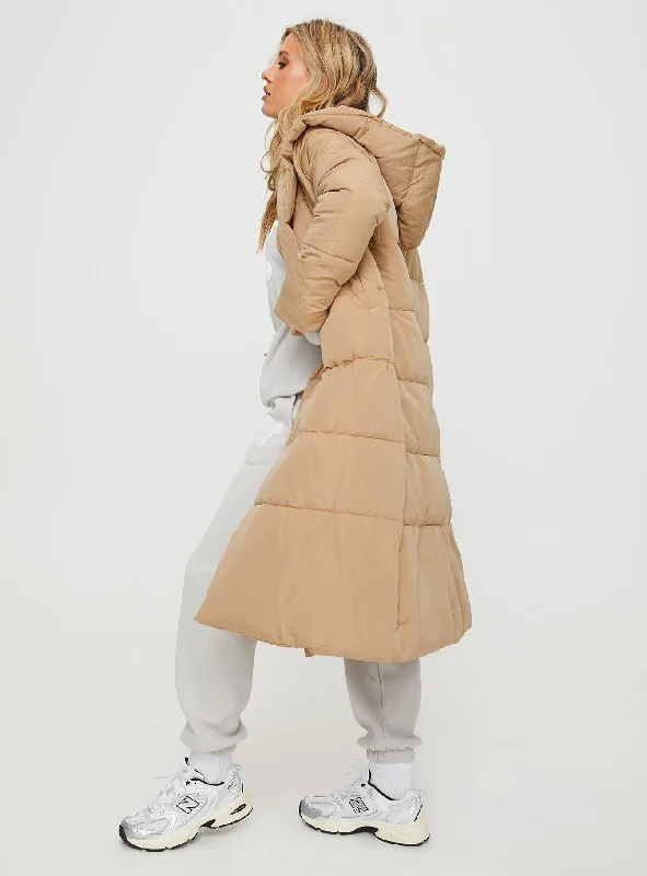 Philo Longline Hooded Puffer Jacket Beige