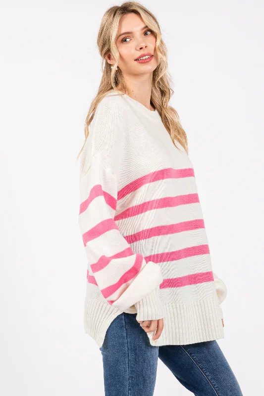 Pink Striped Oversized Side Slit Sweater