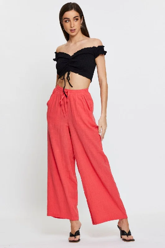 Pink Wide Leg Pants Elastic Waist