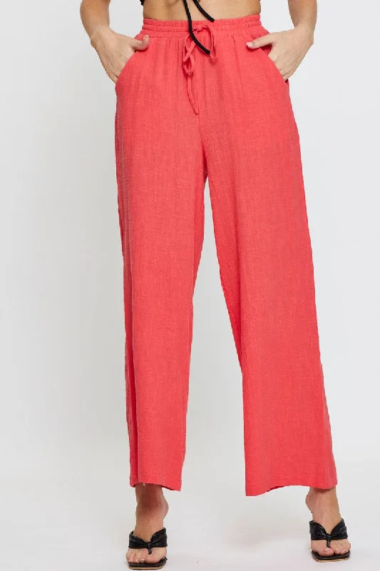 Pink Wide Leg Pants Elastic Waist