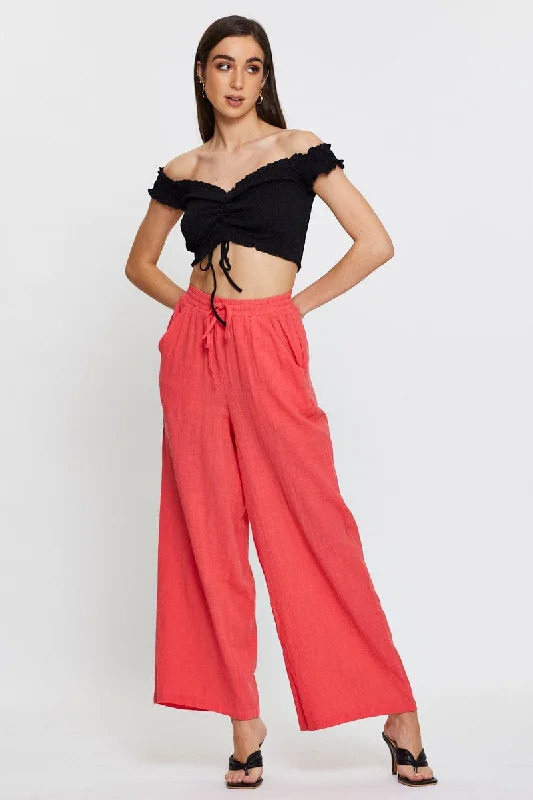 Pink Wide Leg Pants Elastic Waist