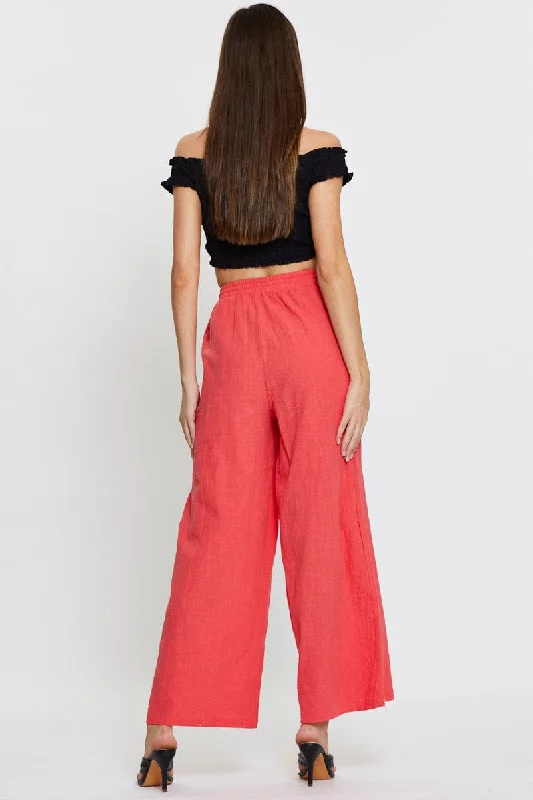 Pink Wide Leg Pants Elastic Waist