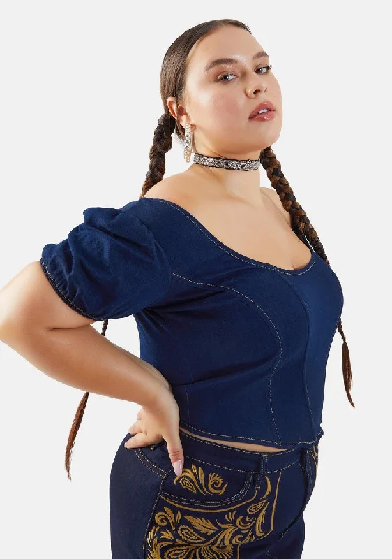 Plus Rodeo Princess Denim Puff Sleeve Top