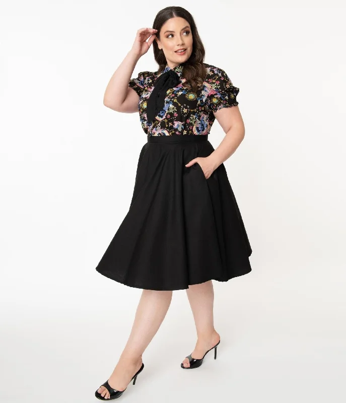 Magnolia Place Plus Size 1950s Style Black High Waist Swing Skirt