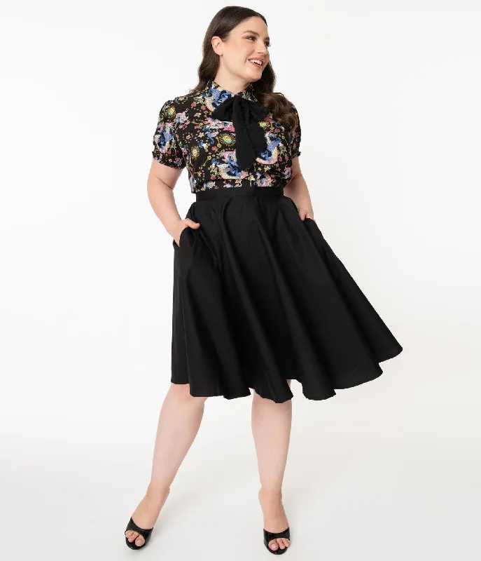 Magnolia Place Plus Size 1950s Style Black High Waist Swing Skirt