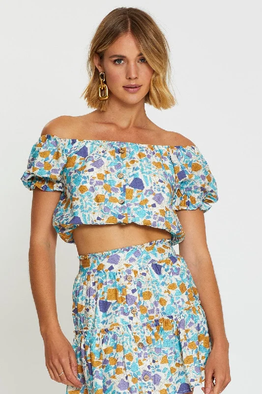 Print Crop Top Off Shoulder