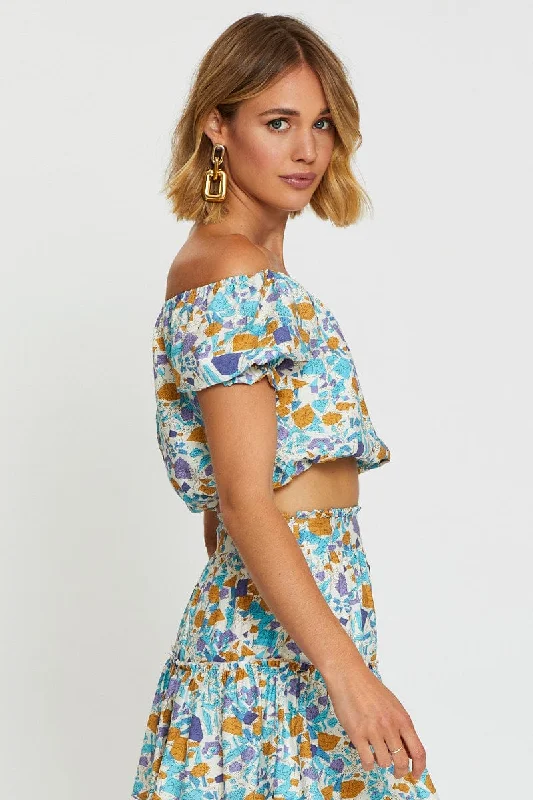 Print Crop Top Off Shoulder