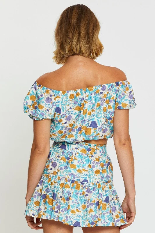 Print Crop Top Off Shoulder