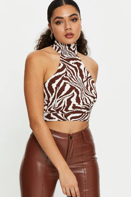 Print Sleeveless Zebra High Neck Crop Top