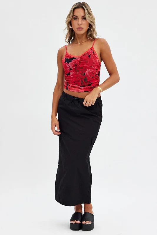 Red Abstract Singlet Lace Crop Top Ribbon Details