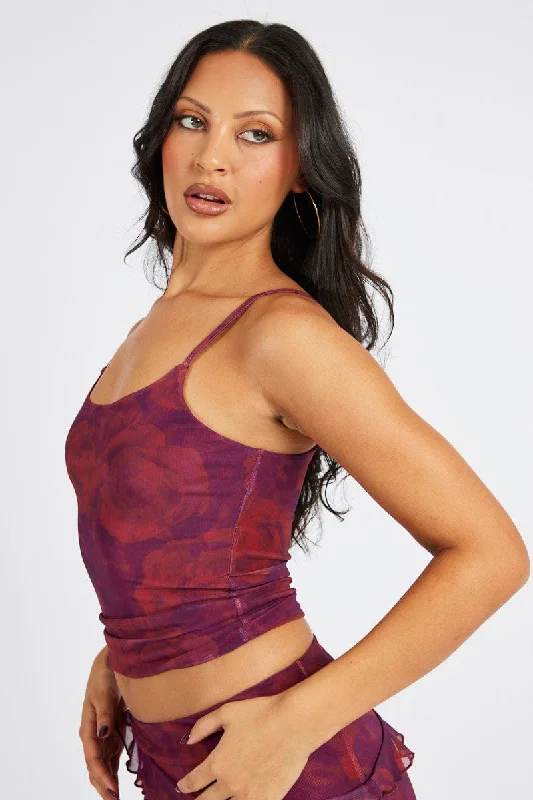 Red Floral Cami Top Sleeveless Mesh