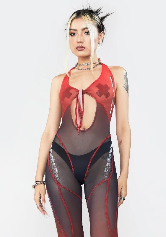 Red Mesh Tie Knot Speed Racer Jumpsuit