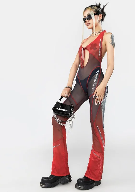 Red Mesh Tie Knot Speed Racer Jumpsuit