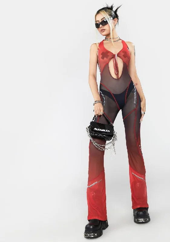 Red Mesh Tie Knot Speed Racer Jumpsuit