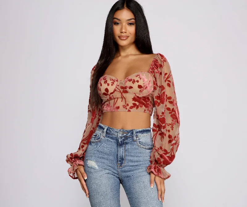 Romantic Vibes Floral Burn Out Crop Top