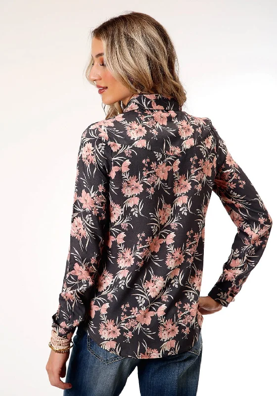 Roper Womens Coral Floral Grey Rayon/Nylon L/S Blouse