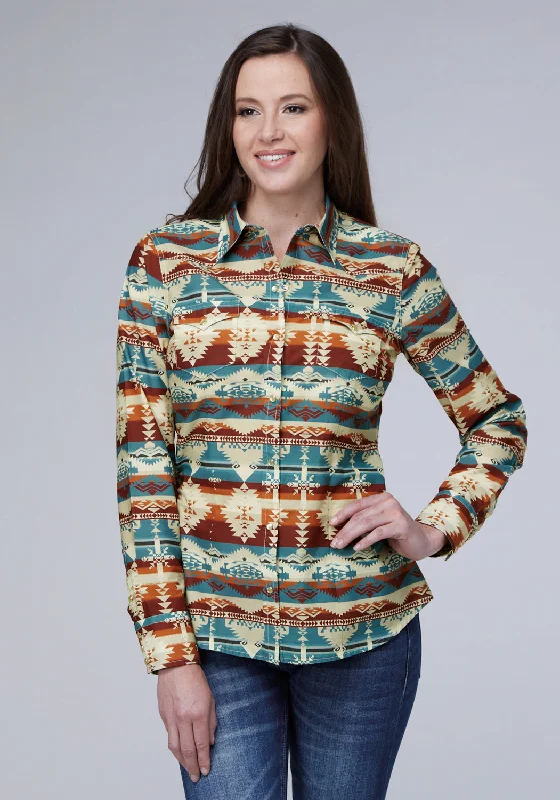 Roper Womens Horizontal Aztec Serape Multi-Color 100% Cotton L/S S/L Shirt