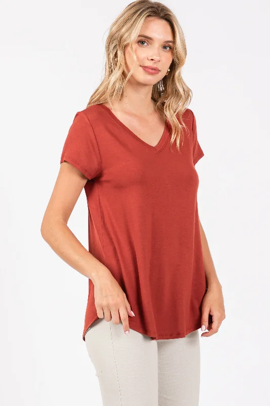 Rust Basic V-Neck Short Sleeve Top