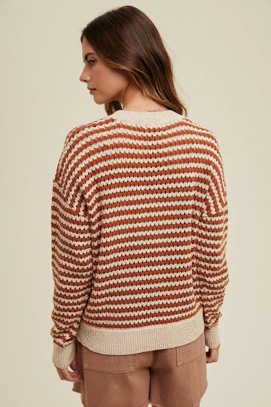 Rust Striped Crochet Knit Sweater