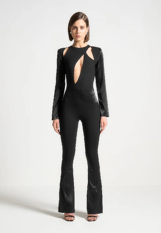 Satin and Bandage Flared Jumpsuit - Black